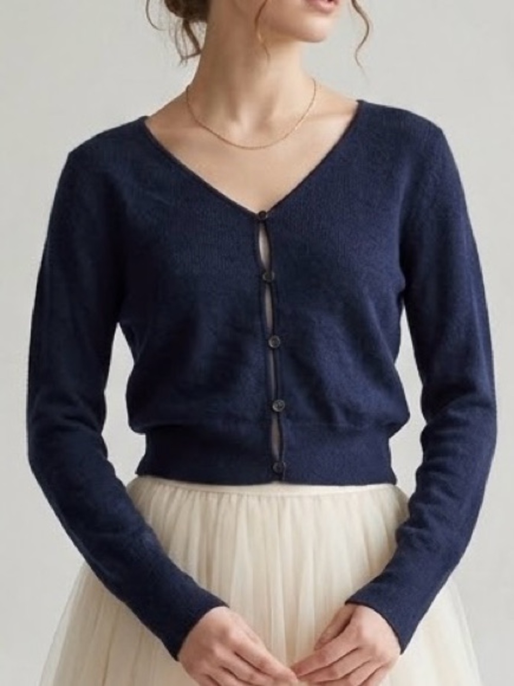 J.CREW Featherweight Cashmere Cropped Cardigan Navy Blue V-Neck Knit Medium BG38